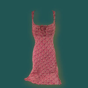 Pink geometrical print rayon mini dress with lace up tie in front